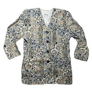 Vintage Worthington Petite Womens Blazer Jacket Medium Blue Beige Flower Button